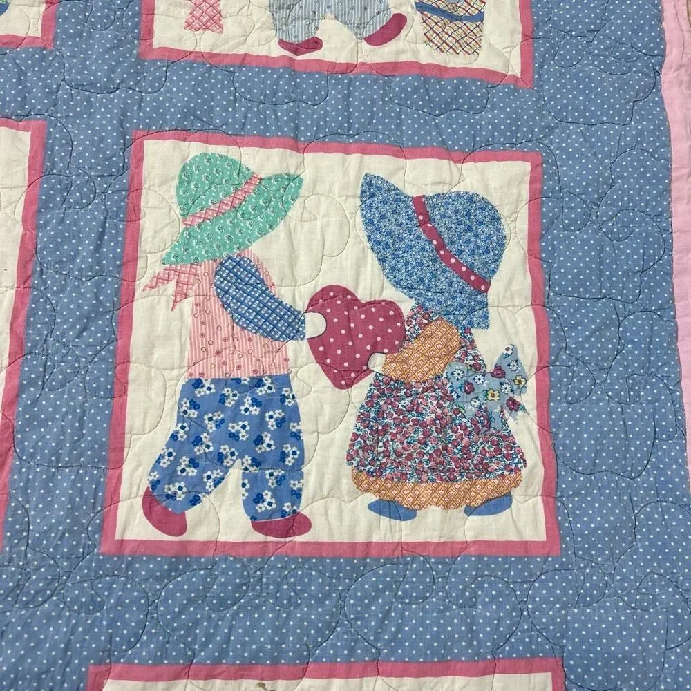 Vintage Sunbonnet Sue Sam Blue Pink Holly Hobby Style Bonnet Throw Quilt 49"x43" - Picture 8 of 15